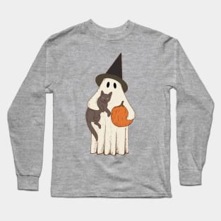 Vintage Ghost with Cat Halloween Graphic Long Sleeve T-Shirt